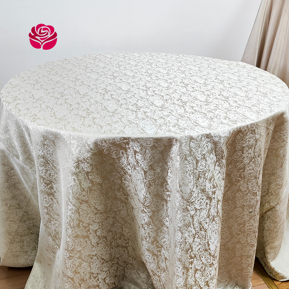 Hualai Wholesale Costom Luxury Sparkly Polyester Jacquard White Round Tablecloth Table Cloth For Wedding Events