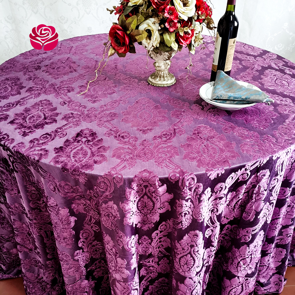 Hualai Wholesale Custom European Prrple Velvet Jacquard Crochat Damask Round Table Cover Cloth For Wedding Banquet