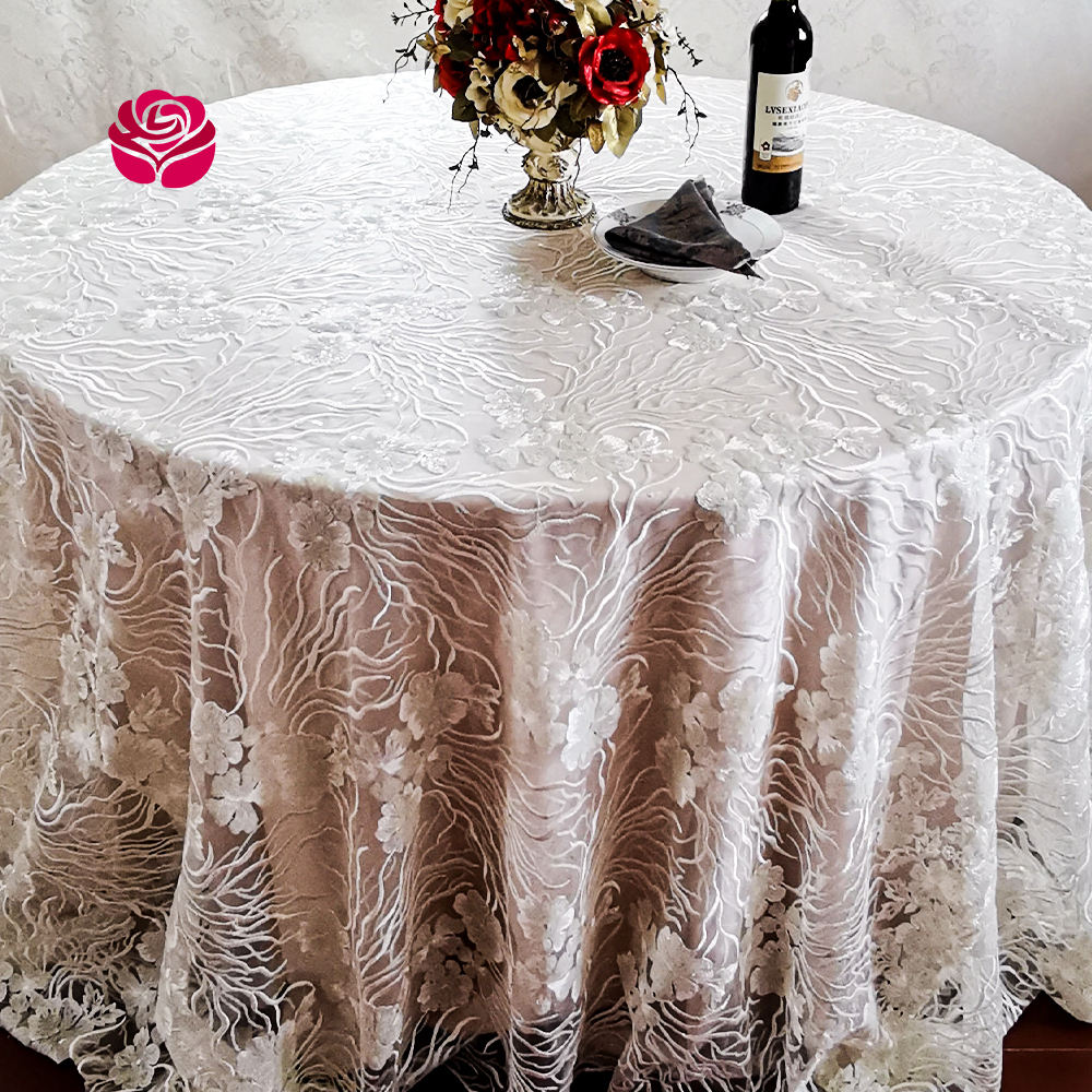 Hualai Wholesale Custom Lucury Round Embroidery Sequin Lace Pink Floral Table Cloth Overlays For Wedding Events