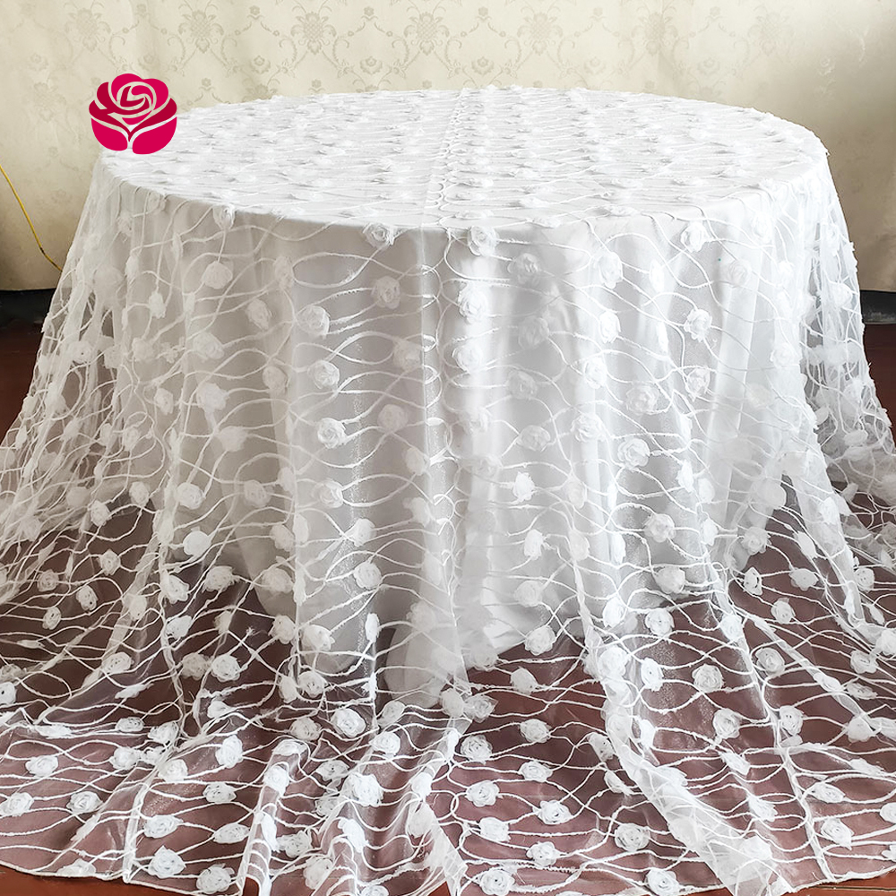 Hualai Wholesale Custom France Floral Romantic White 3d Flower Polyester Embroidery Lace Bluch Tablecloth For Wedding