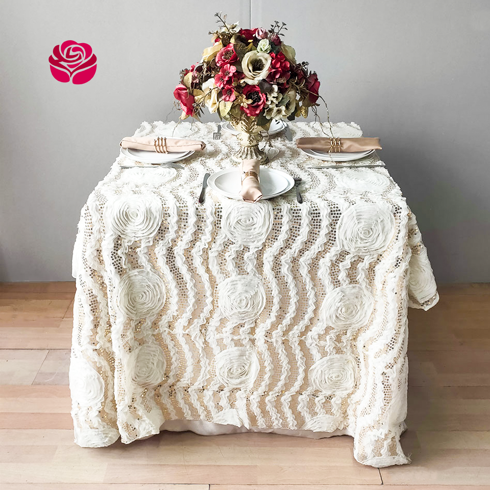 Hualai Wholesale Custom 3d White Lace Rectangle Sequin Embroidery Table Cloth For Wedding Banquet